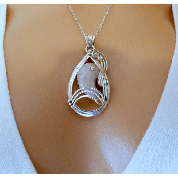 Sterling Silver Rose Quartz Gemstone Large Artisan Pendant Yin Yang 26g - Picture 2 of 7